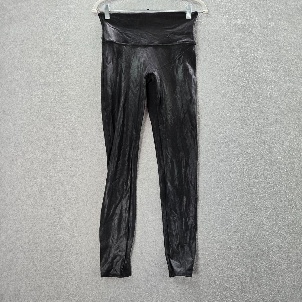Spanx Women Leggings Large Black Faux Leather High Rise Shaping 27" READ
